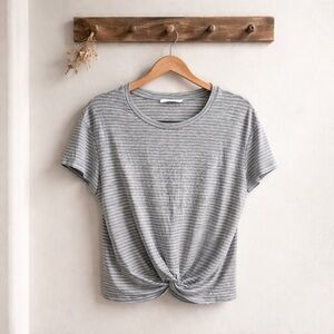 Six/Fifty Striped Knot Front Short Sleeve Tee - Gray